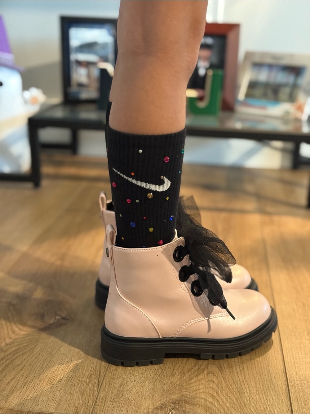 Pink Kids Lace-Up Boots with Black Ribbon Laces & Bedazzled Nike socks